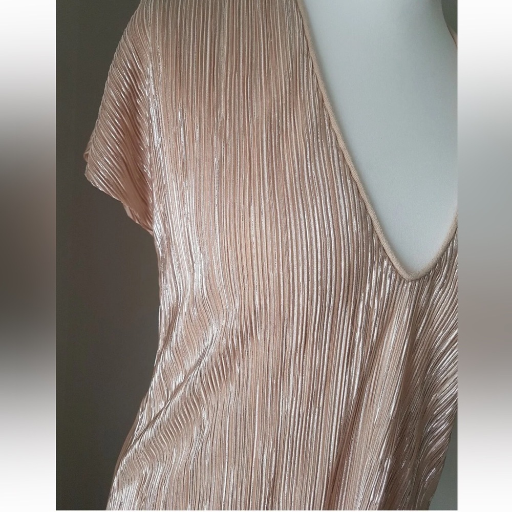Zara Silver Metallic Pleated Short Sleeve V Neck Top Blouse Size L - Picture 7 of 10